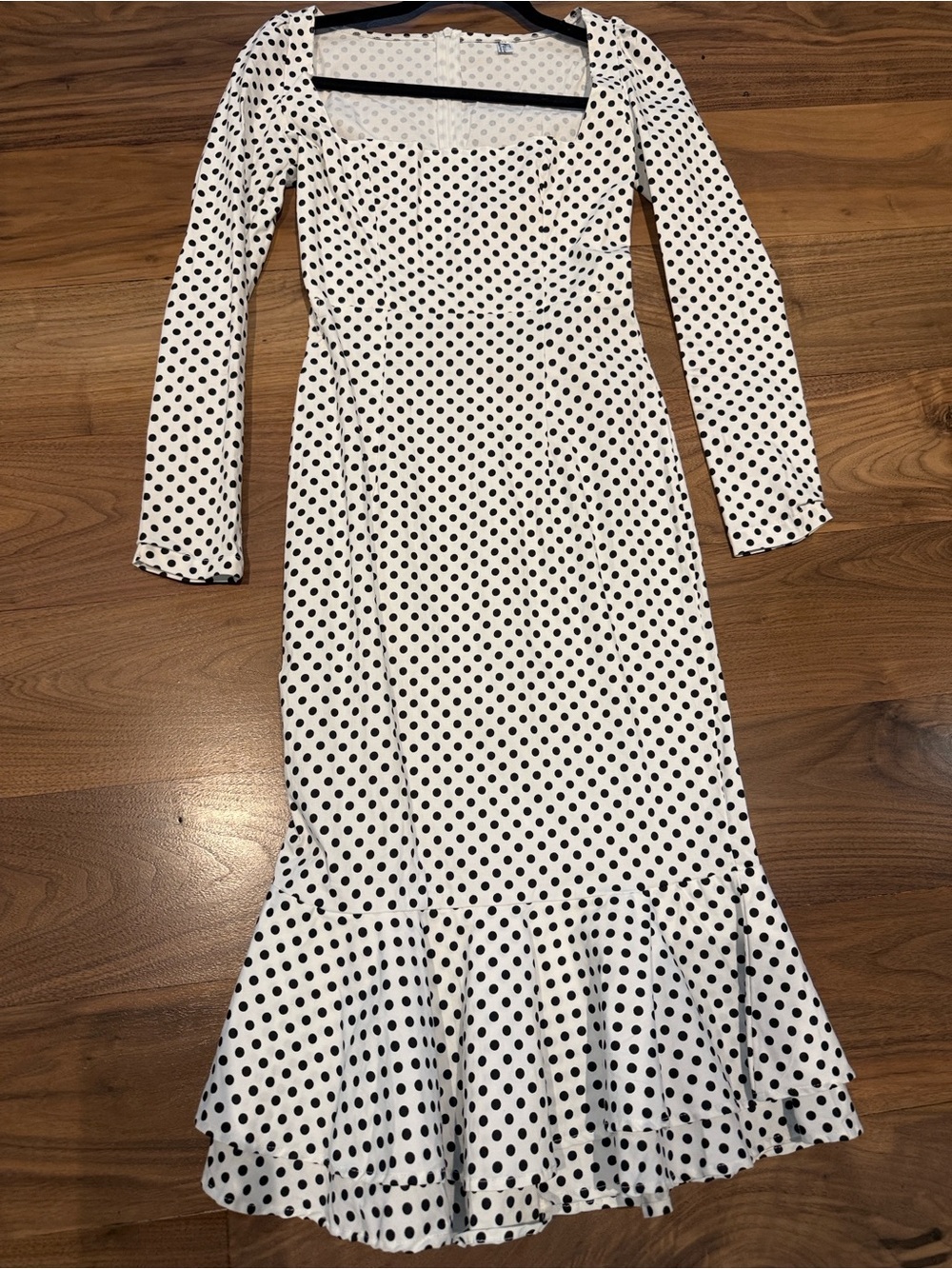 White Polka Dot Long Sleeve Square Neck Midi Dress